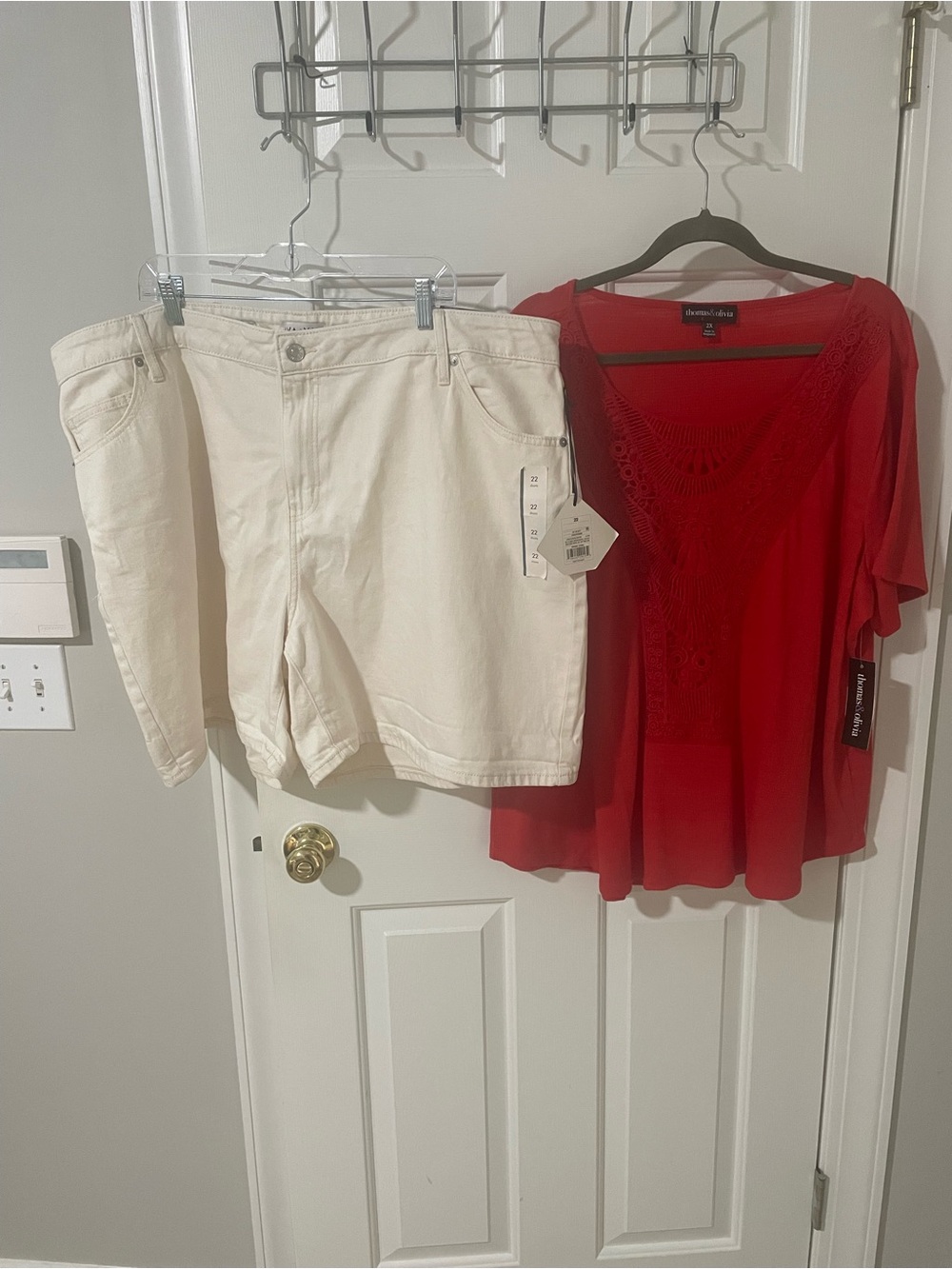 Red Crochet Detail Blouse with cream Denim Shorts nwt